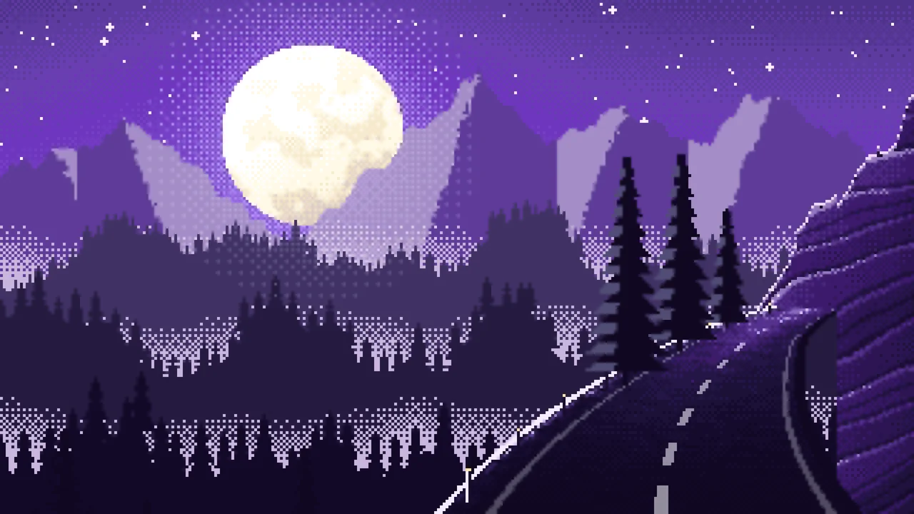 Purple Pixel Art Mountain Road Under the Moon desktop wallpaper in 4K