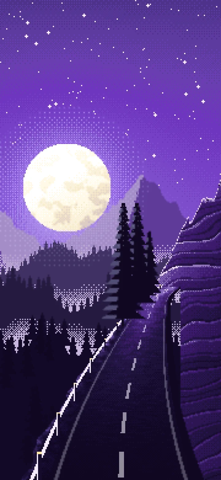 Purple Pixel Art Mountain Road Under the Moon wallpaper for iPhone and Android