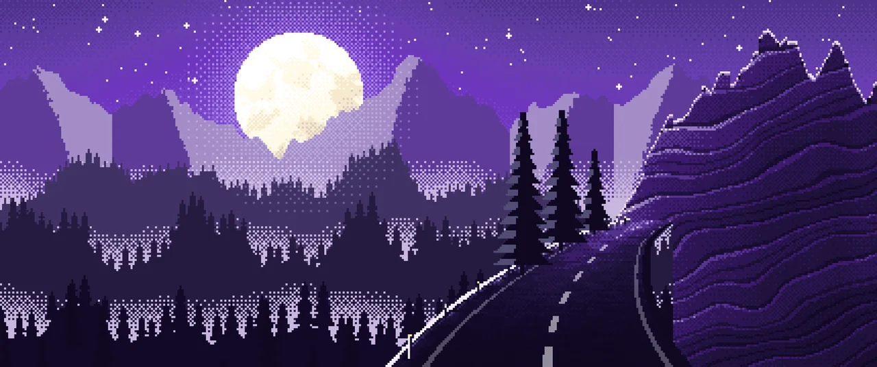 Purple Pixel Art Mountain Road Under the Moon ultrawide wallpaper, 3440 × 1440