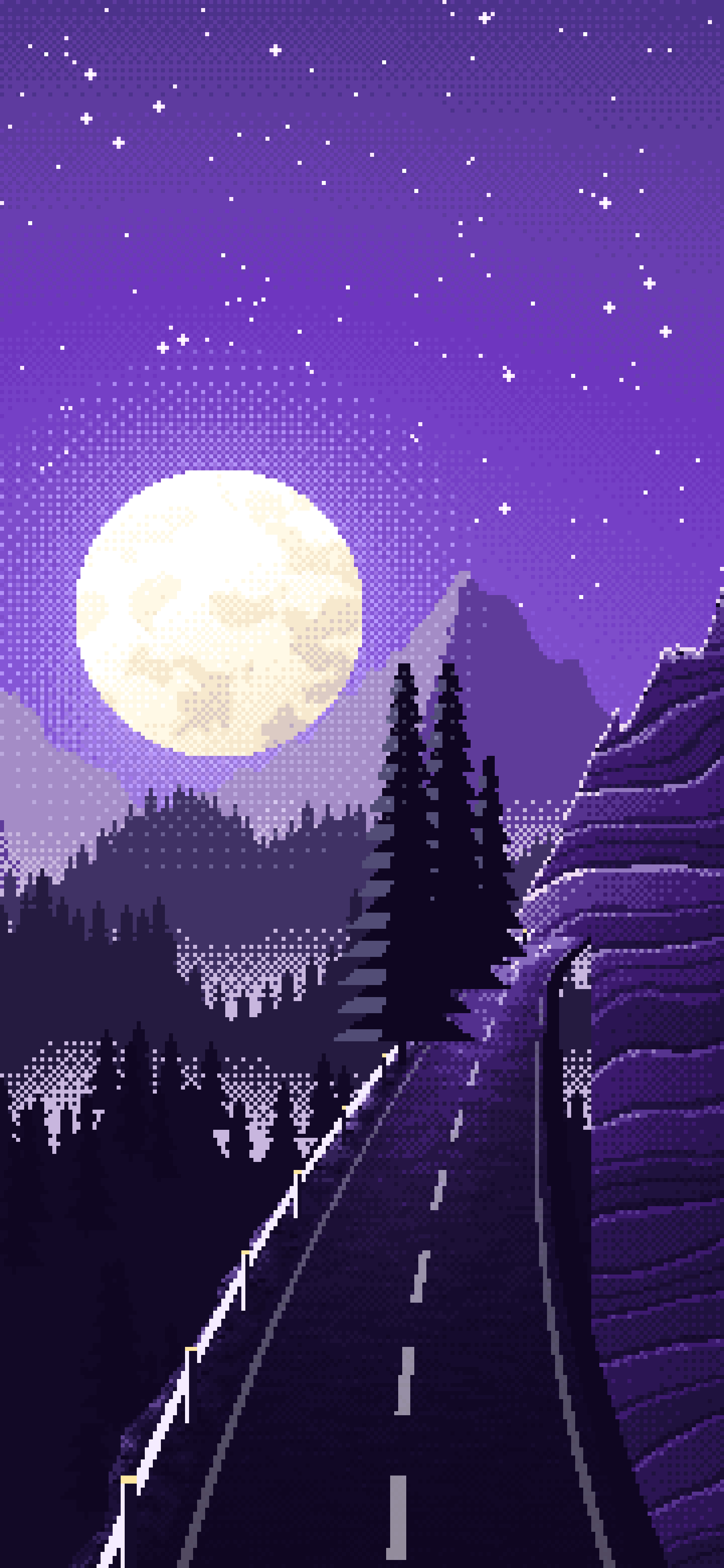 Purple Pixel Art Mountain Road Under the Moon wallpaper for iPhone and Android