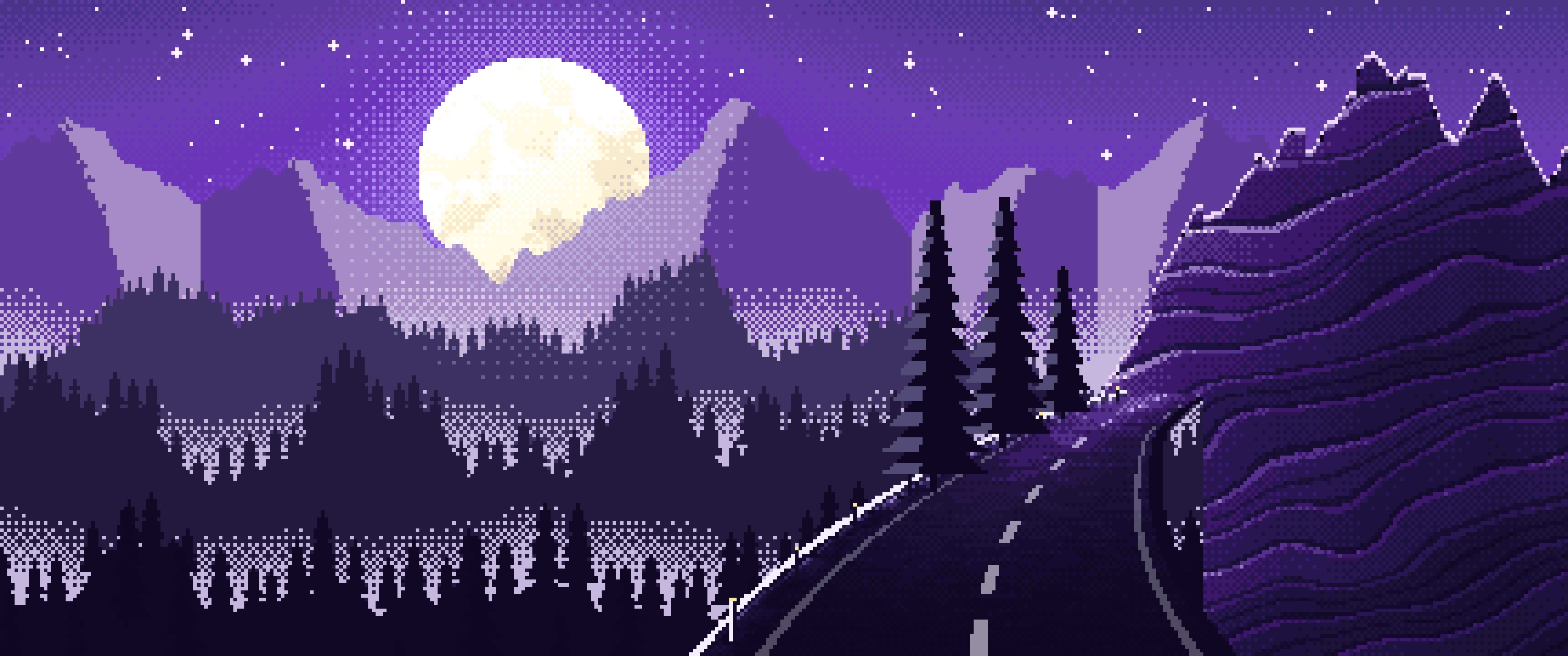 Purple Pixel Art Mountain Road Under the Moon ultrawide wallpaper, 3440 × 1440