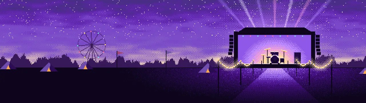 Purple Pixel Art Music Festival dual monitor wallpaper, 7680 × 2160