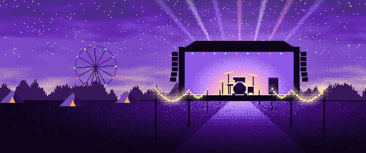 Purple Pixel Art Music Festival ultrawide wallpaper, 3440 × 1440