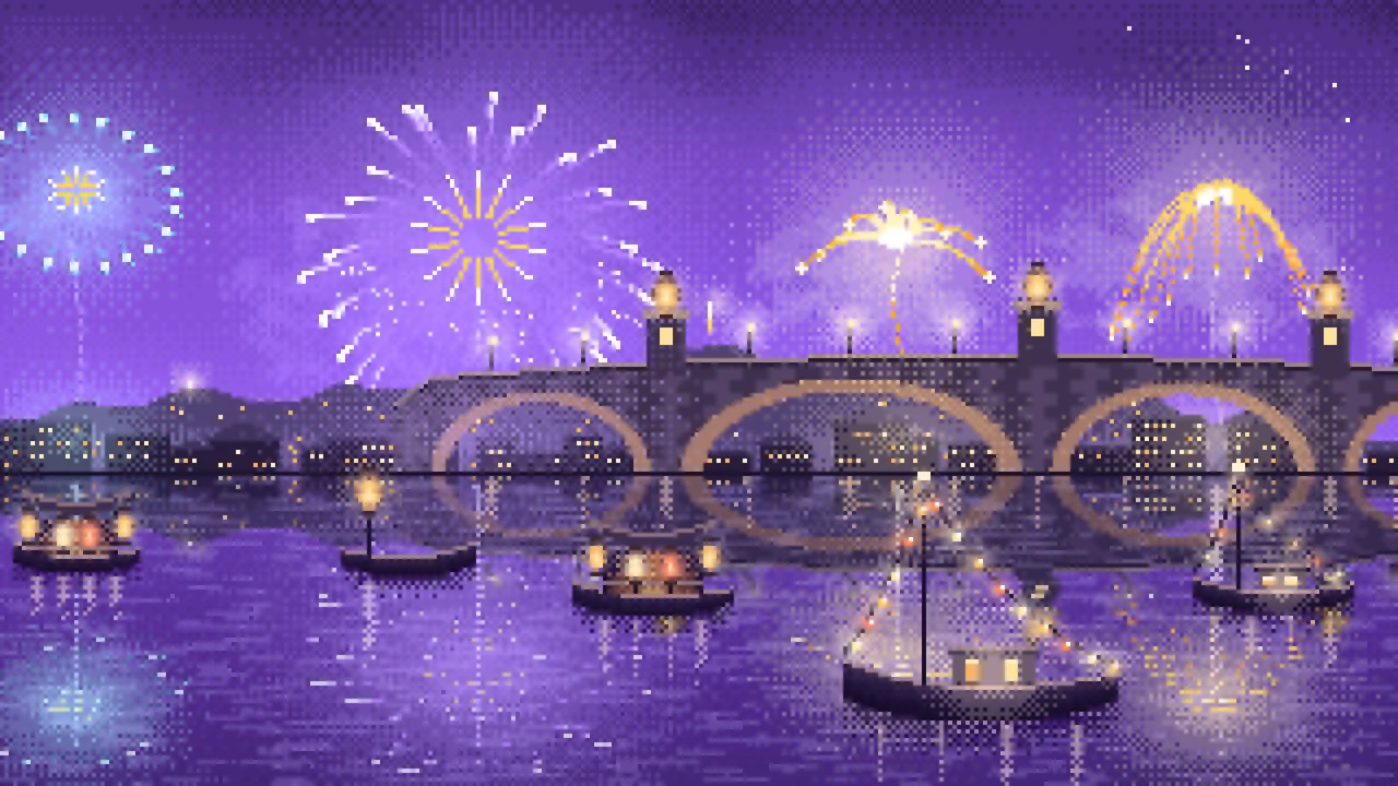 Purple Pixel Art New Year Fireworks Over a Harbor desktop wallpaper in 4K