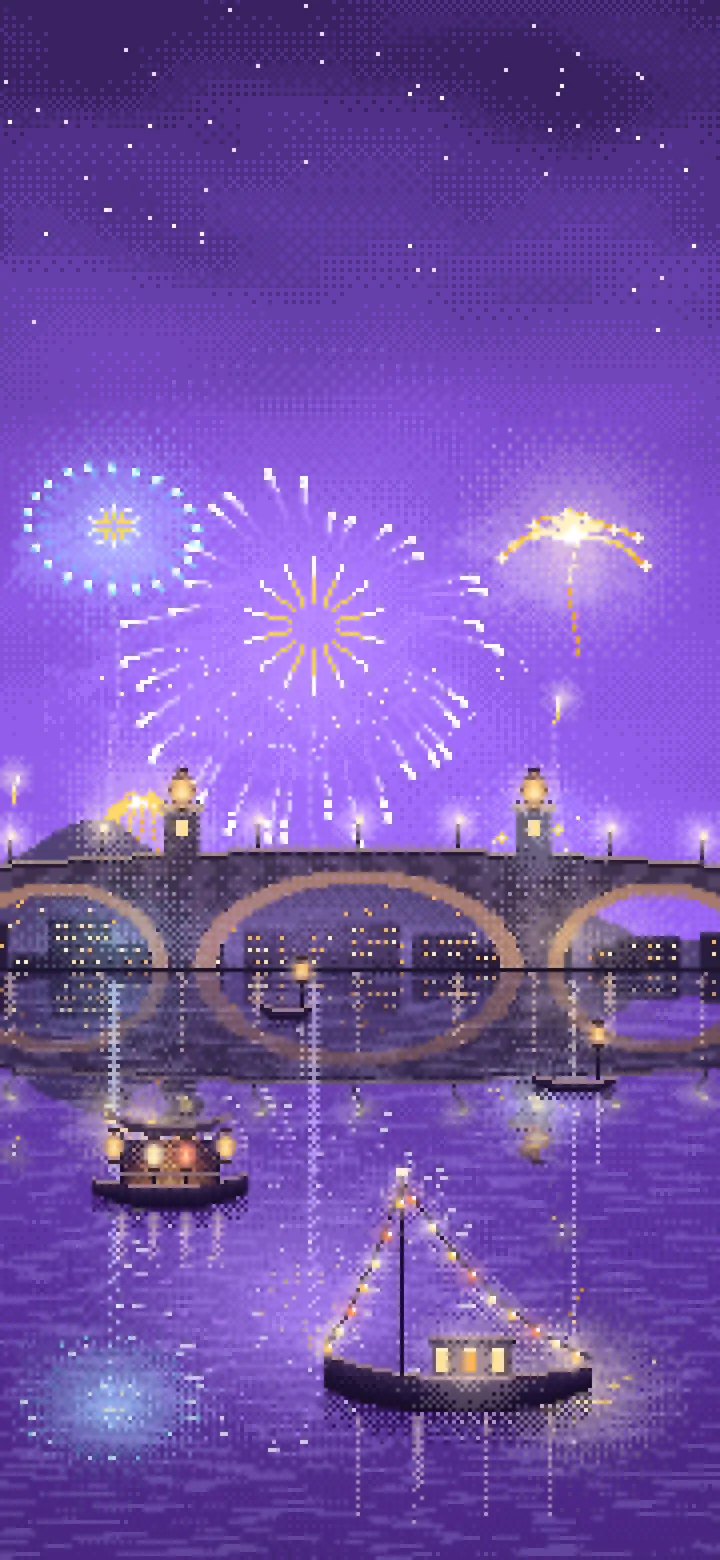 Purple Pixel Art New Year Fireworks Over a Harbor wallpaper for iPhone and Android