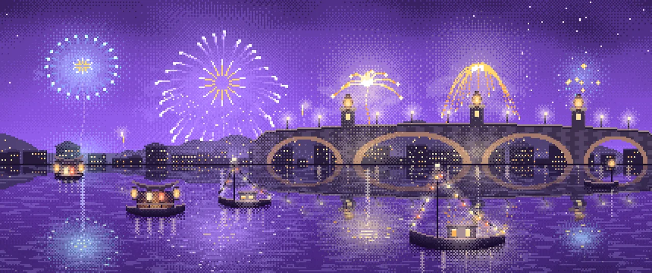 Purple Pixel Art New Year Fireworks Over a Harbor ultrawide wallpaper, 3440 × 1440