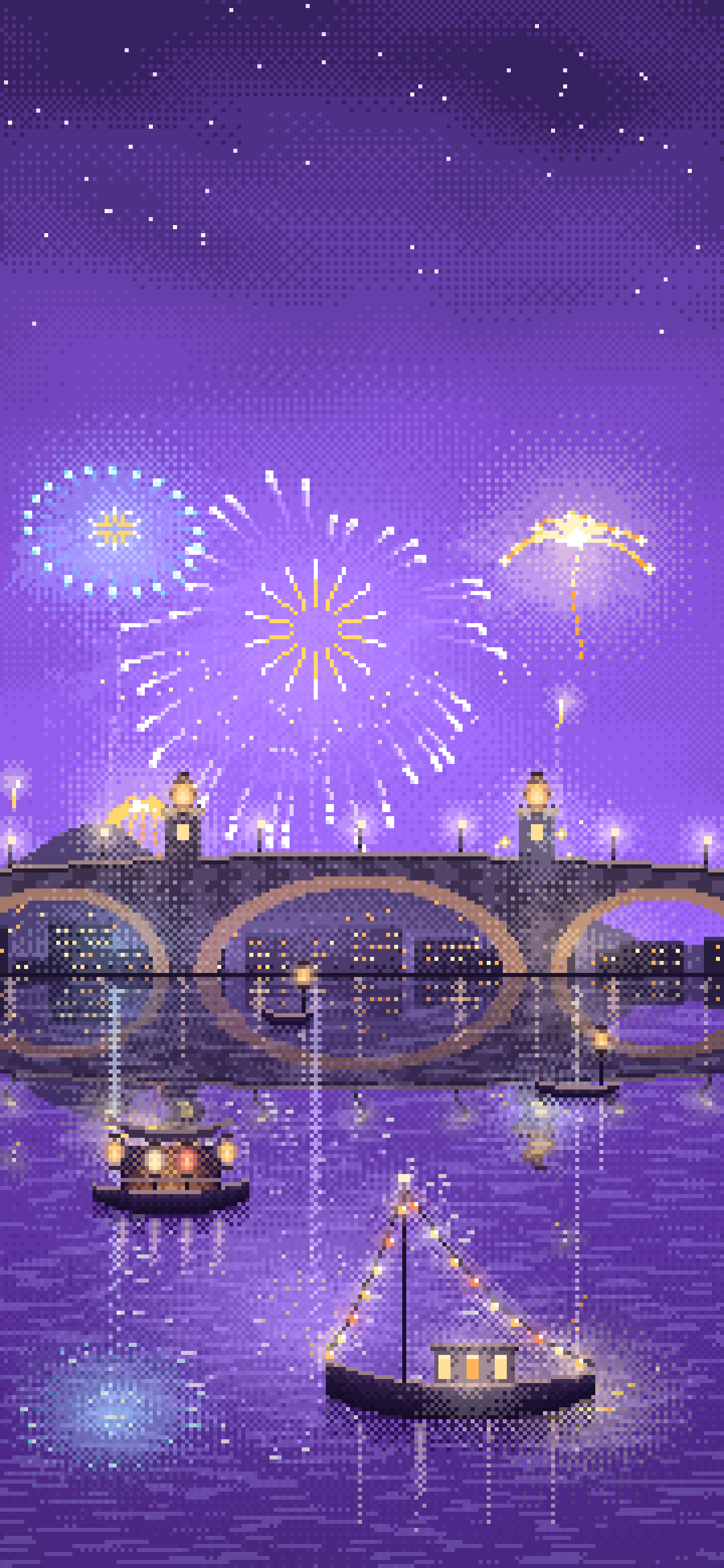 Purple Pixel Art New Year Fireworks Over a Harbor wallpaper for iPhone and Android
