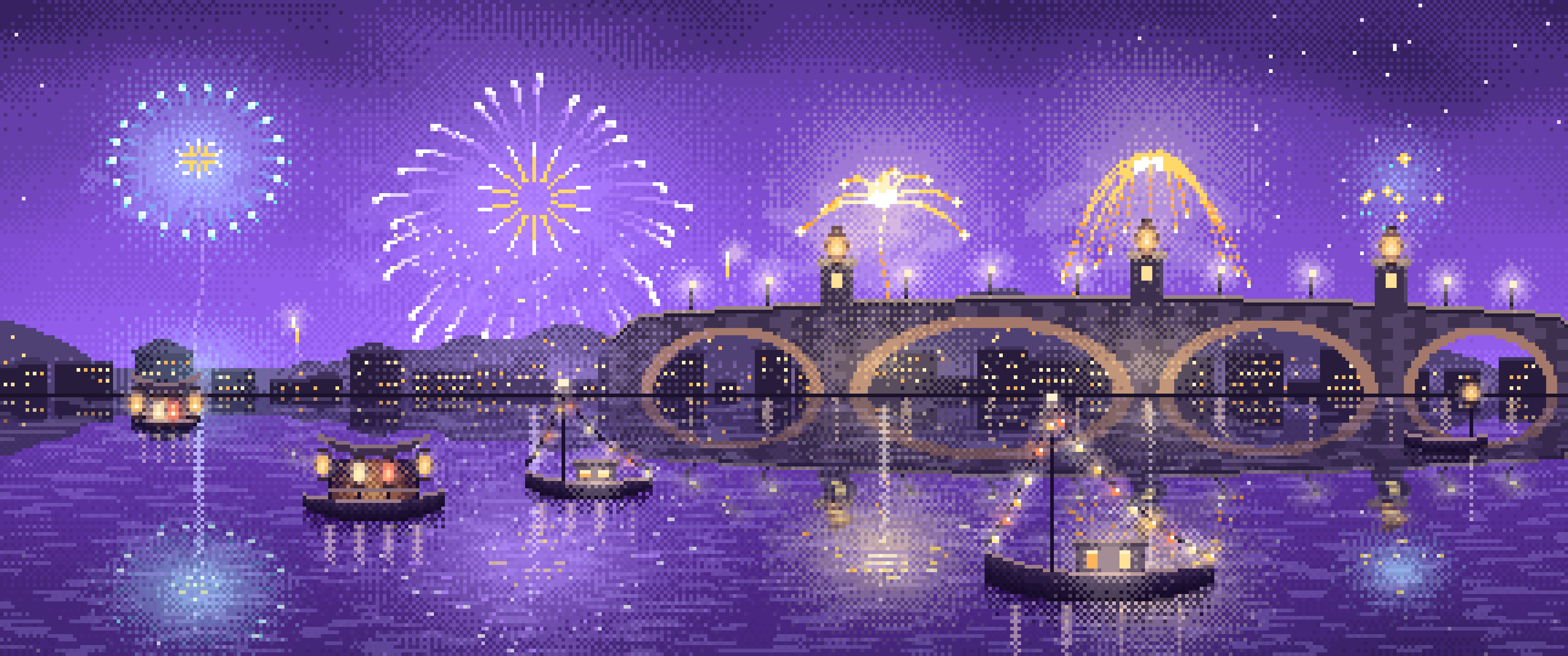 Purple Pixel Art New Year Fireworks Over a Harbor ultrawide wallpaper, 3440 × 1440