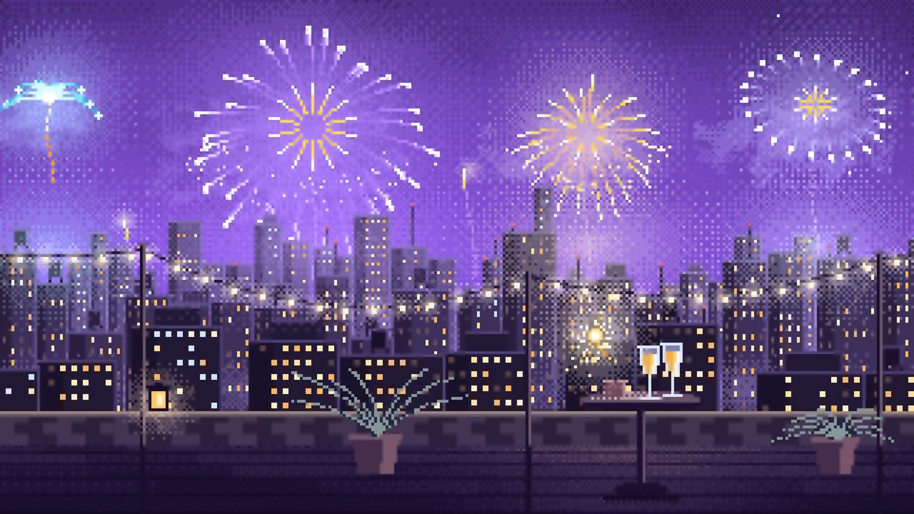 Purple Pixel Art New Year Rooftop Fireworks desktop wallpaper in 4K