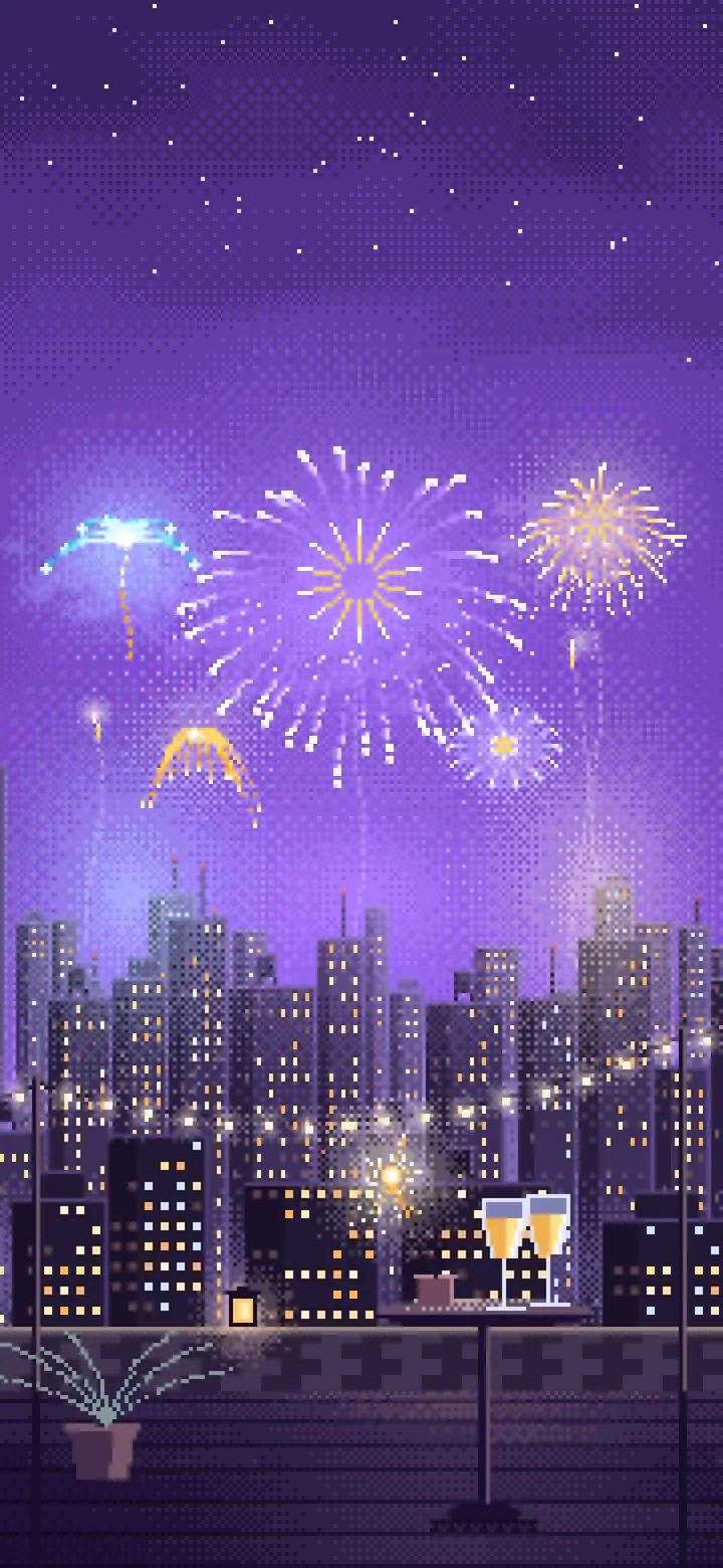 Purple Pixel Art New Year Rooftop Fireworks wallpaper for iPhone and Android