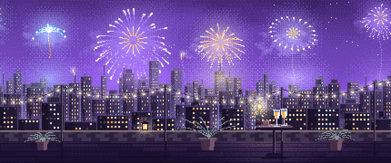 Purple Pixel Art New Year Rooftop Fireworks ultrawide wallpaper, 3440 × 1440