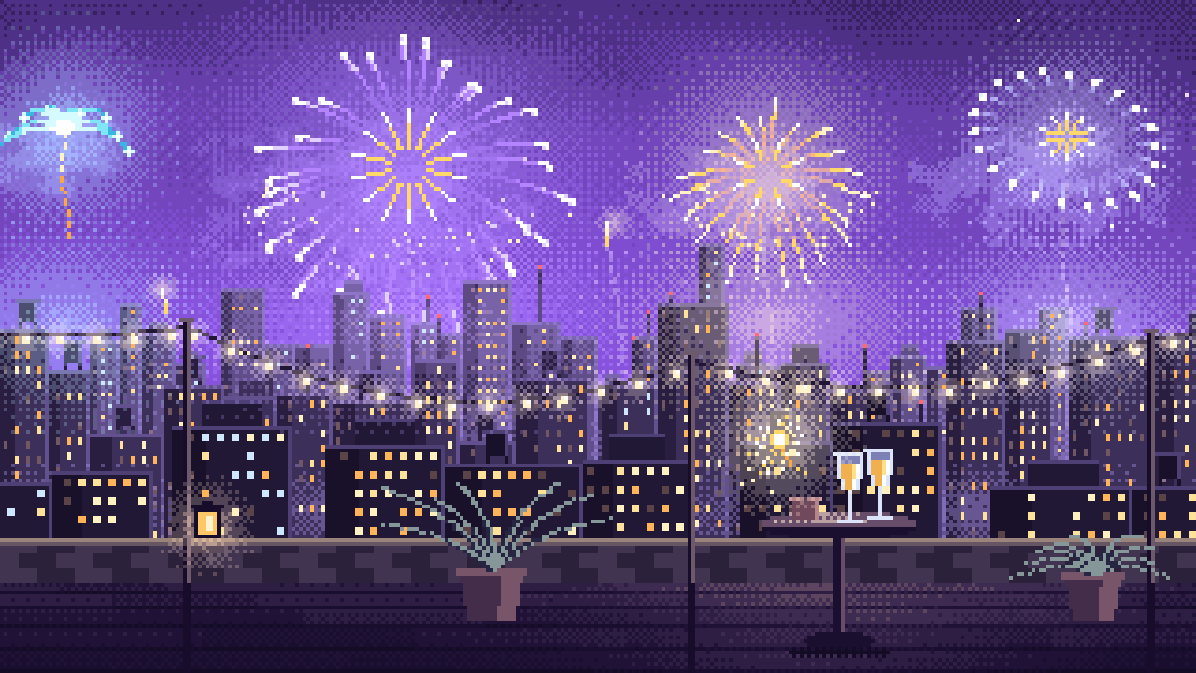 Purple Pixel Art New Year Rooftop Fireworks desktop wallpaper in 4K