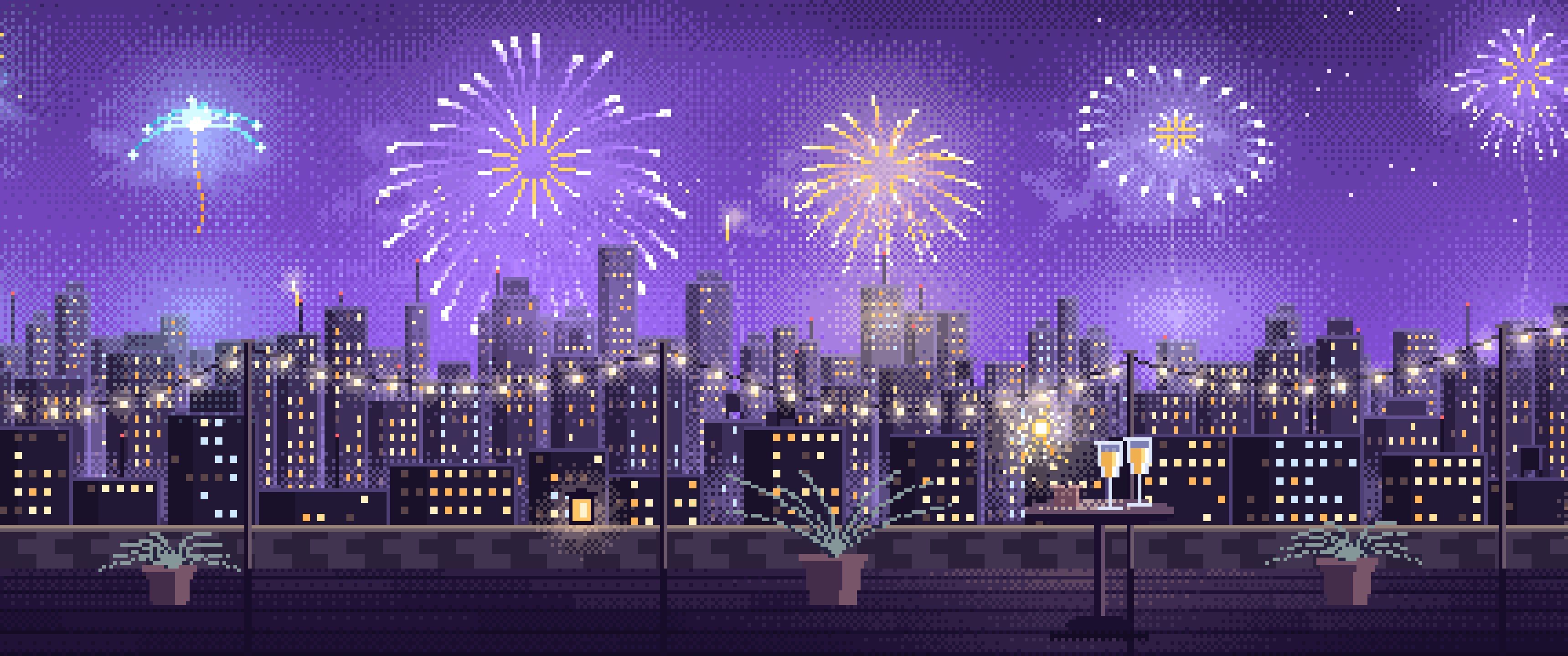 Purple Pixel Art New Year Rooftop Fireworks ultrawide wallpaper, 3440 × 1440