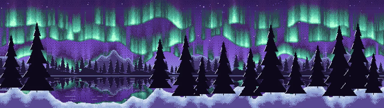 Purple Pixel Art Northern Lights dual monitor wallpaper, 7680 × 2160