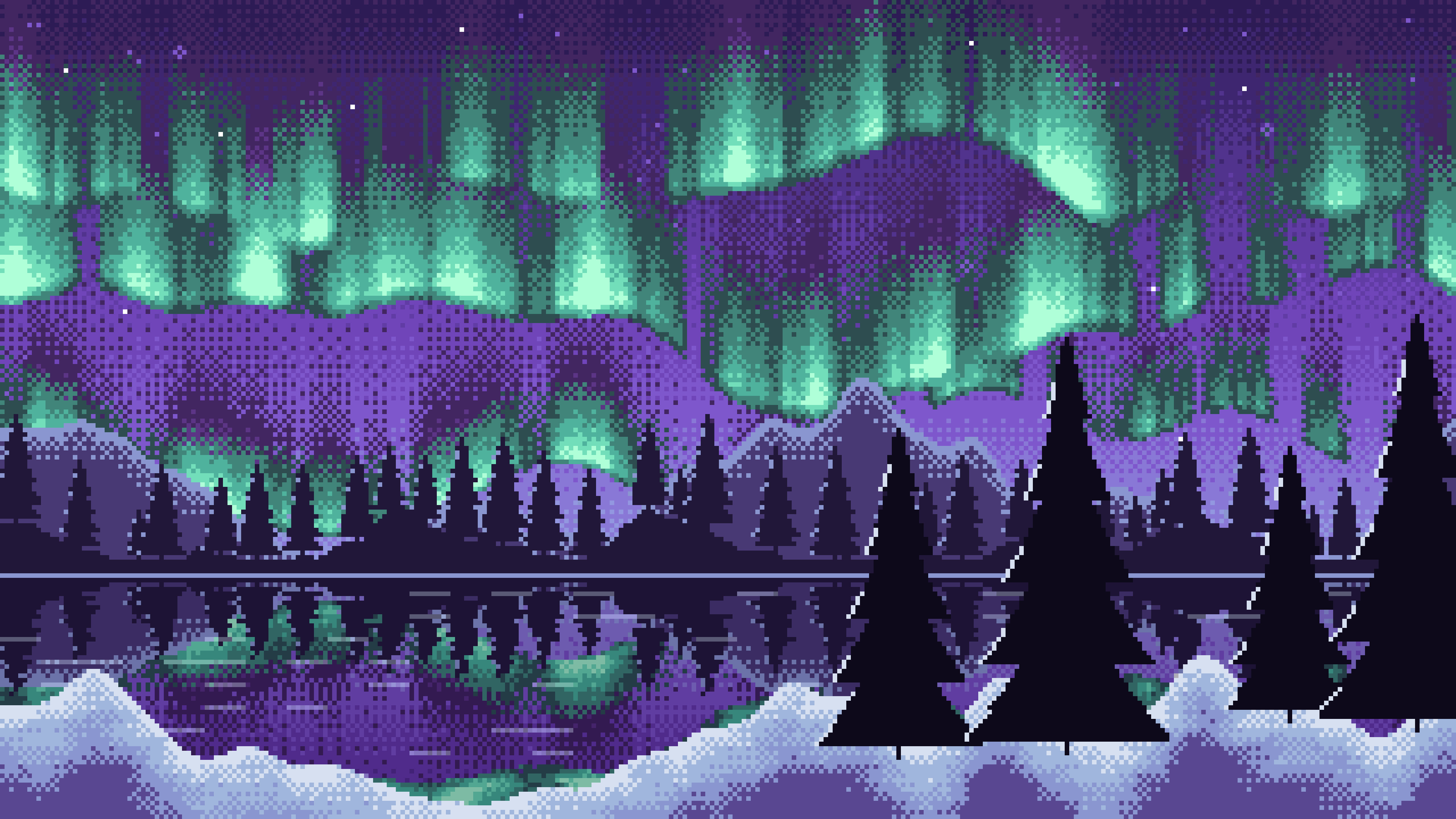 Purple Pixel Art Northern Lights desktop wallpaper in 4K
