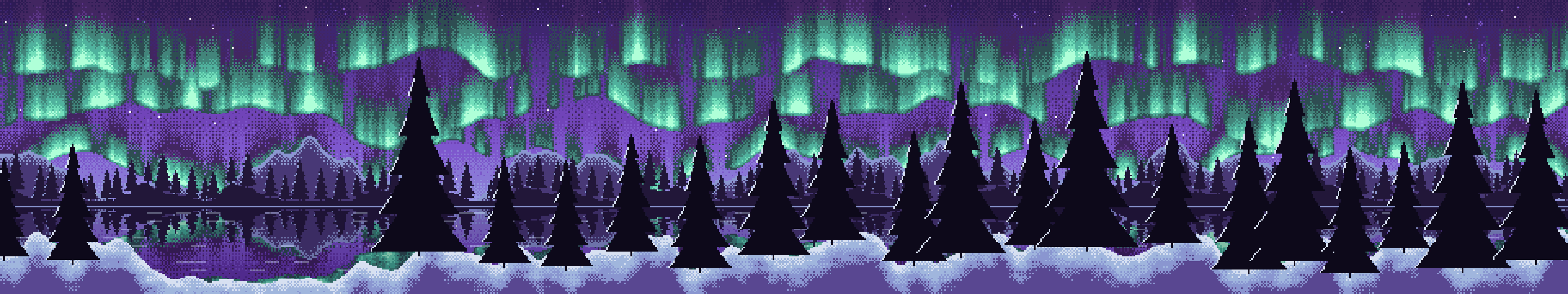 Purple Pixel Art Northern Lights triple monitor wallpaper, 7680 × 1440