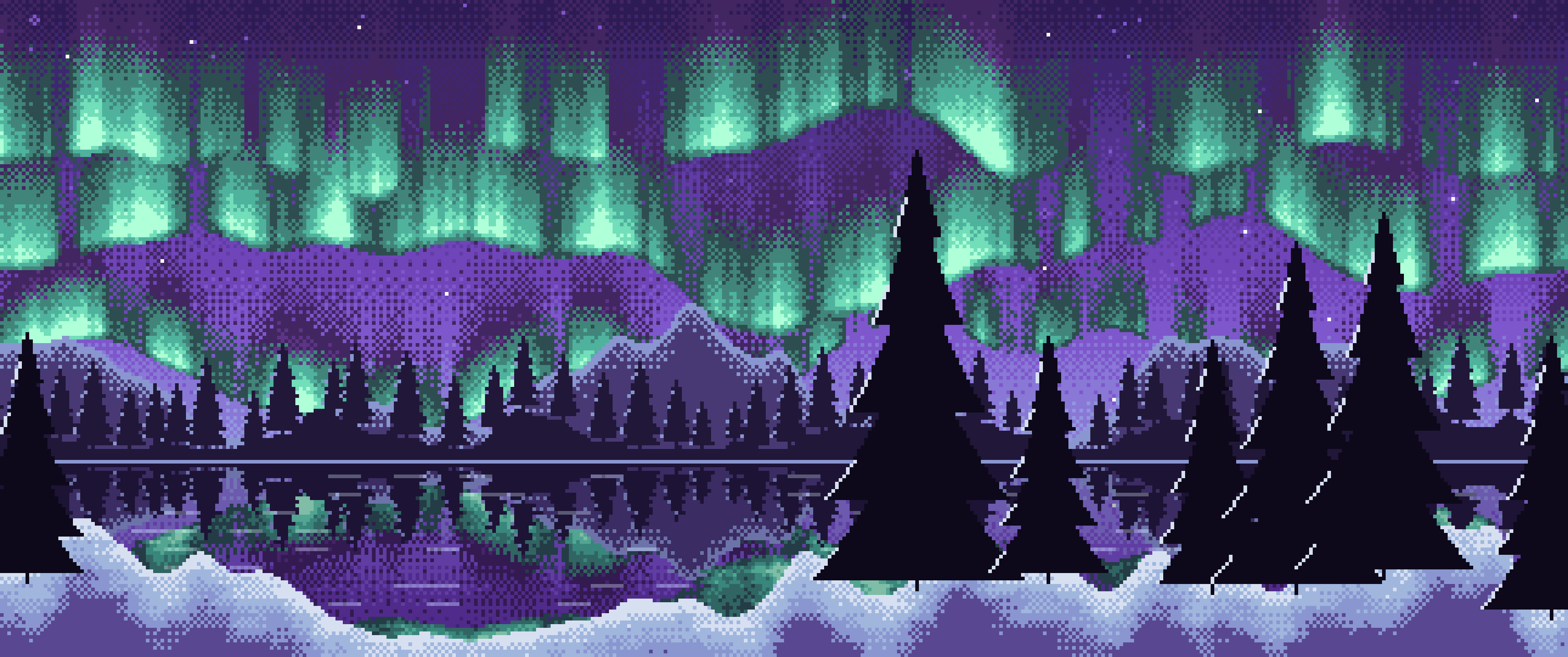 Purple Pixel Art Northern Lights ultrawide wallpaper, 3440 × 1440