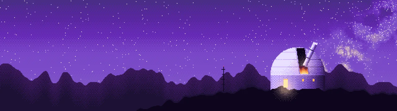 Purple Pixel Art Observatory dual monitor wallpaper, 7680 × 2160