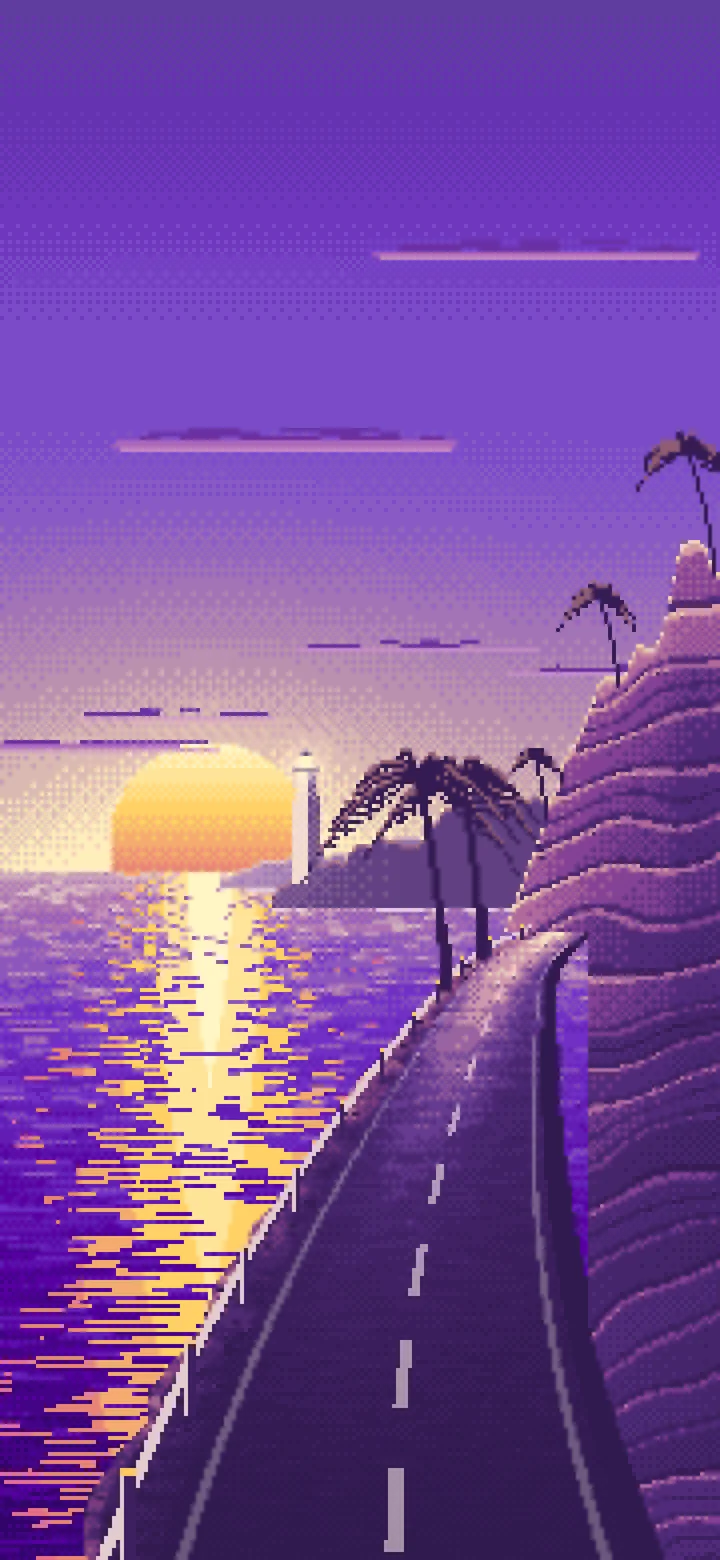 Purple Pixel Art Ocean Road at Sunset wallpaper for iPhone and Android