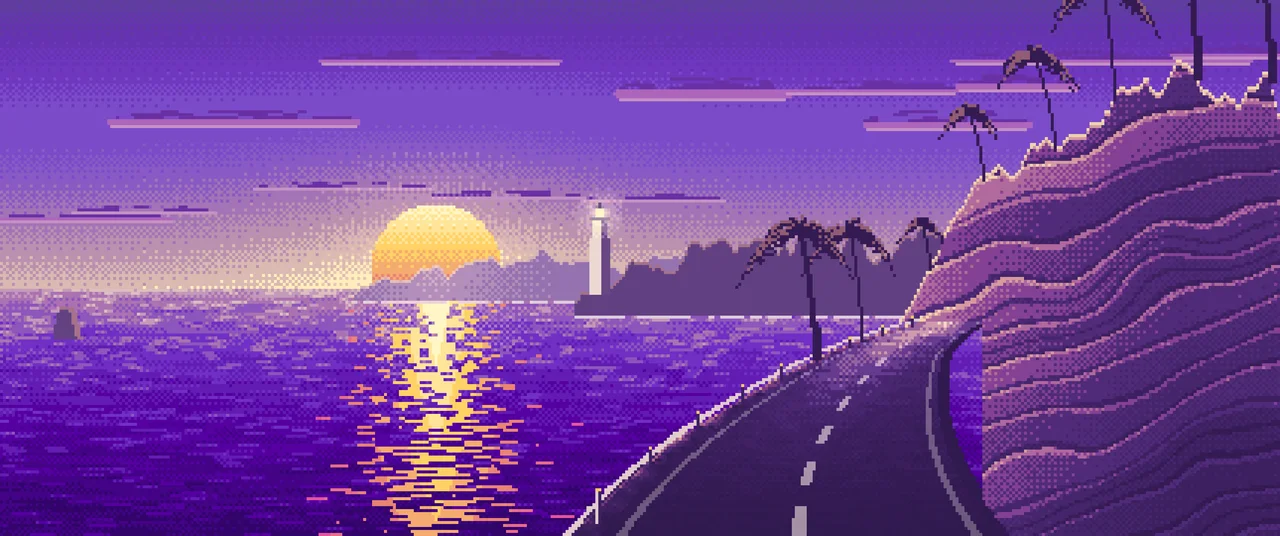 Purple Pixel Art Ocean Road at Sunset ultrawide wallpaper, 3440 × 1440