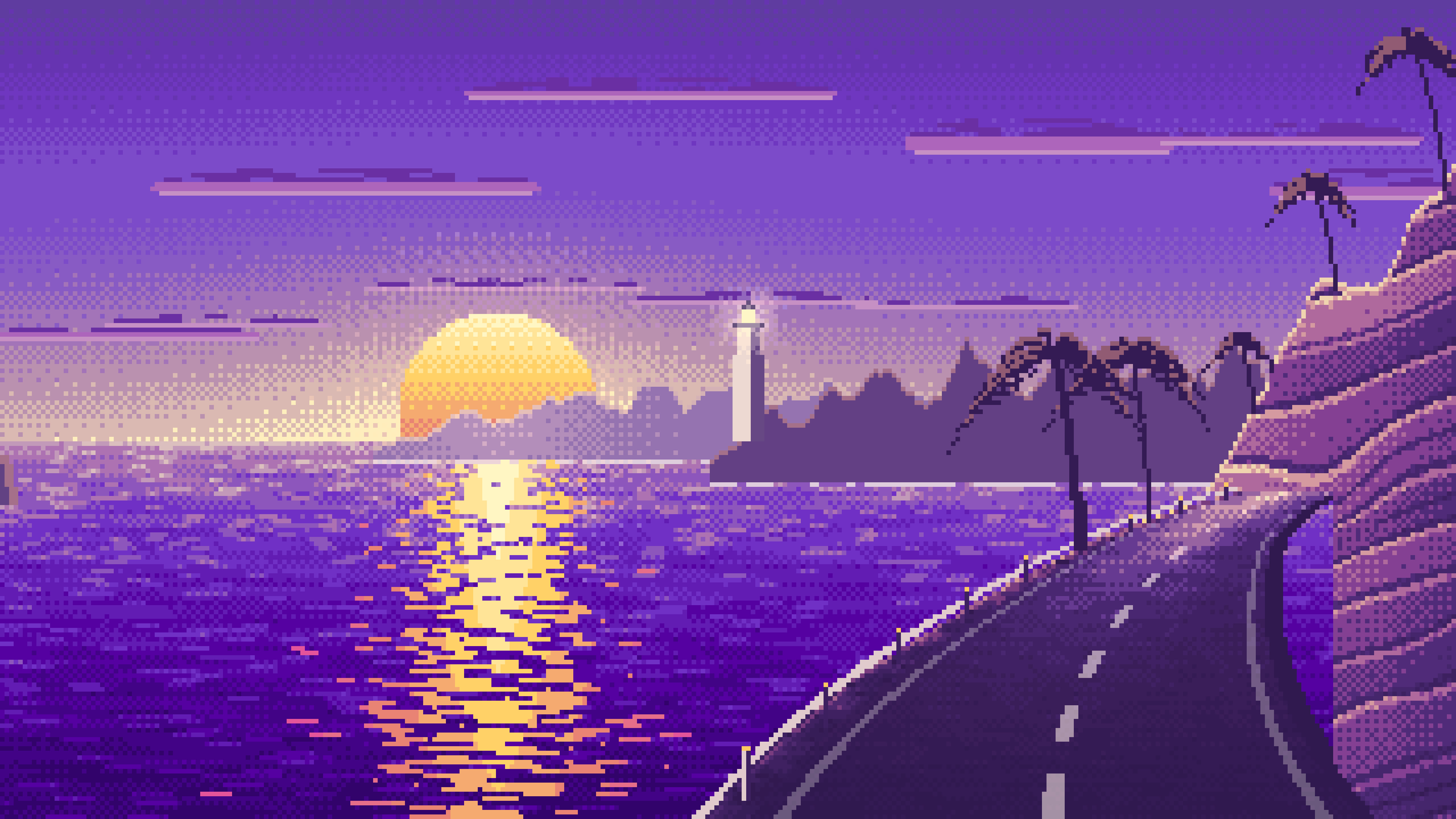 Purple Pixel Art Ocean Road at Sunset desktop wallpaper in 4K