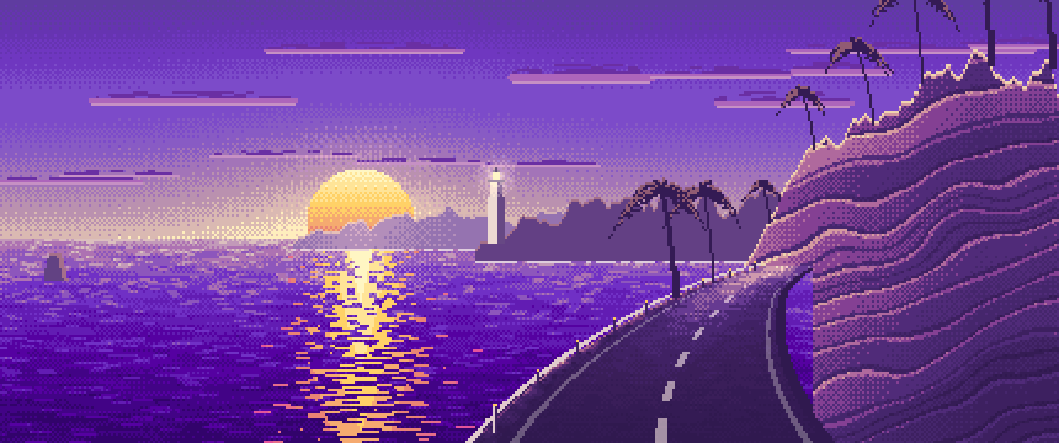 Purple Pixel Art Ocean Road at Sunset ultrawide wallpaper, 3440 × 1440