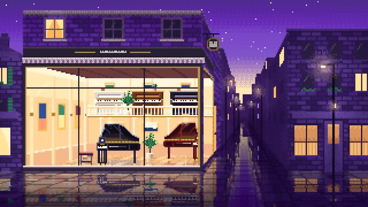 Purple Pixel Art Piano Shop desktop wallpaper in 4K