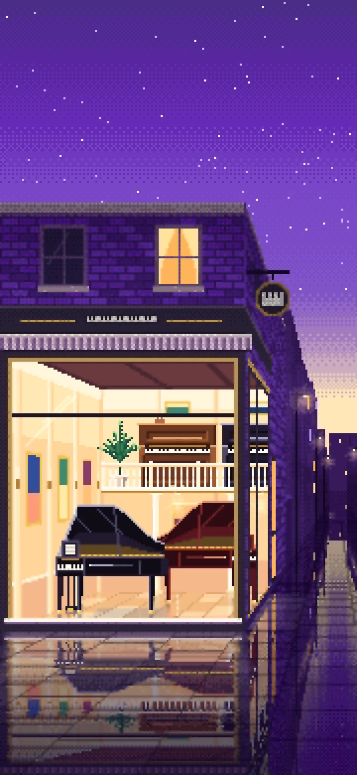 Purple Pixel Art Piano Shop wallpaper for iPhone and Android