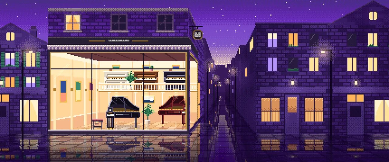 Purple Pixel Art Piano Shop ultrawide wallpaper, 3440 × 1440