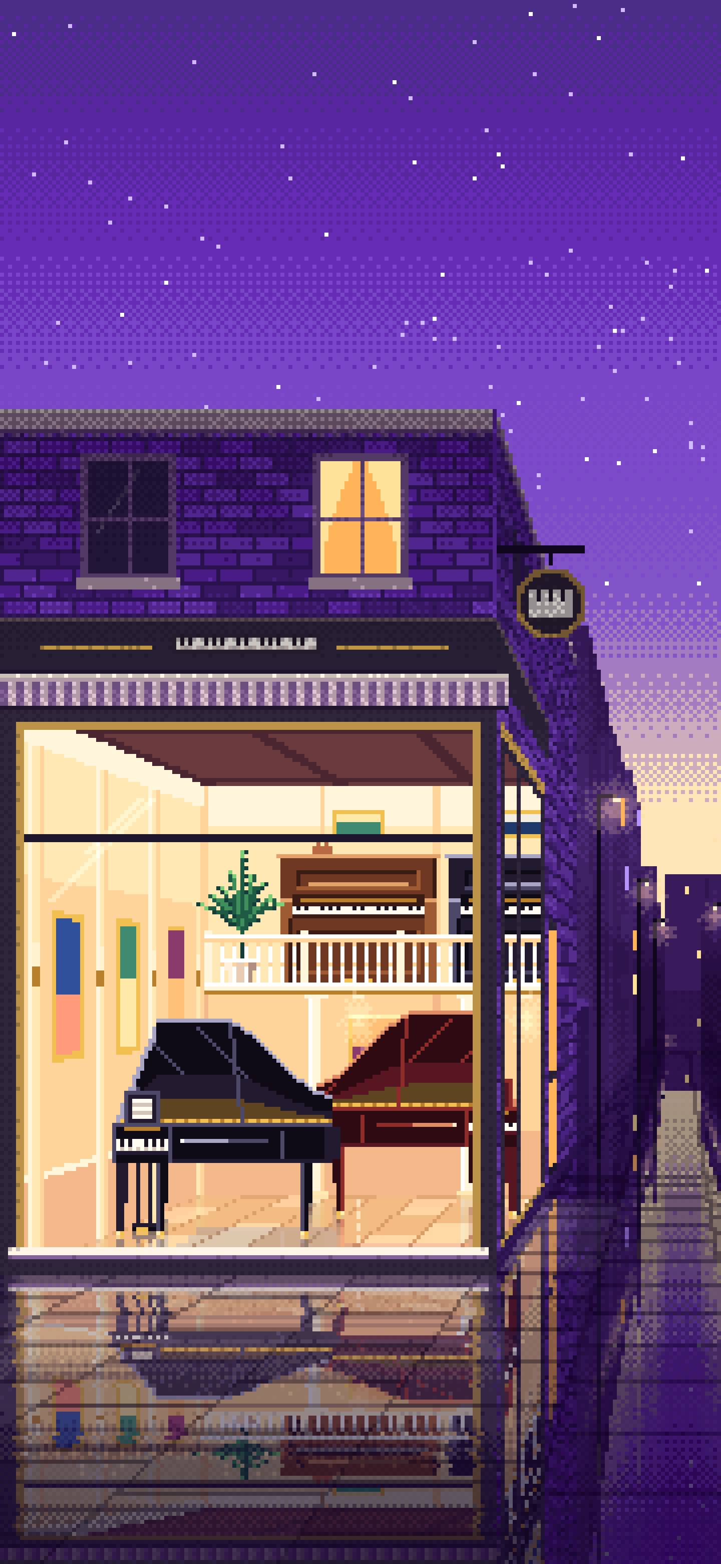 Purple Pixel Art Piano Shop wallpaper for iPhone and Android
