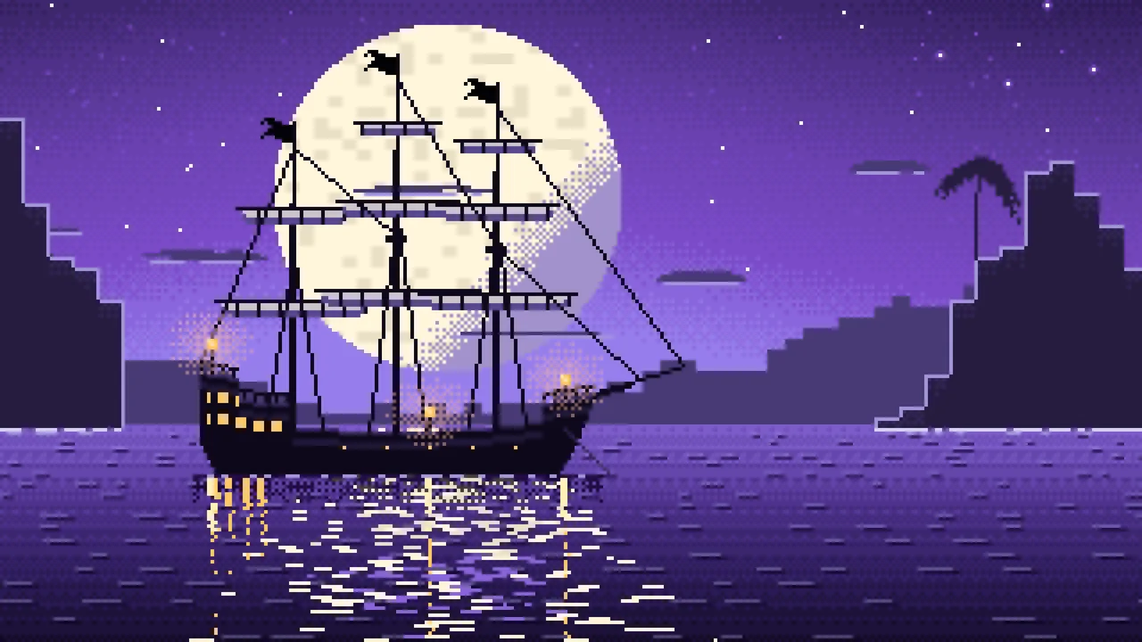 Purple Pixel Art Pirate Ship in a Moonlit Cove desktop wallpaper in 4K