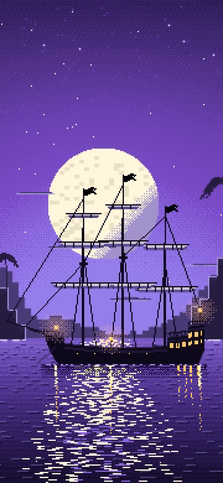 Purple Pixel Art Pirate Ship in a Moonlit Cove wallpaper for iPhone and Android