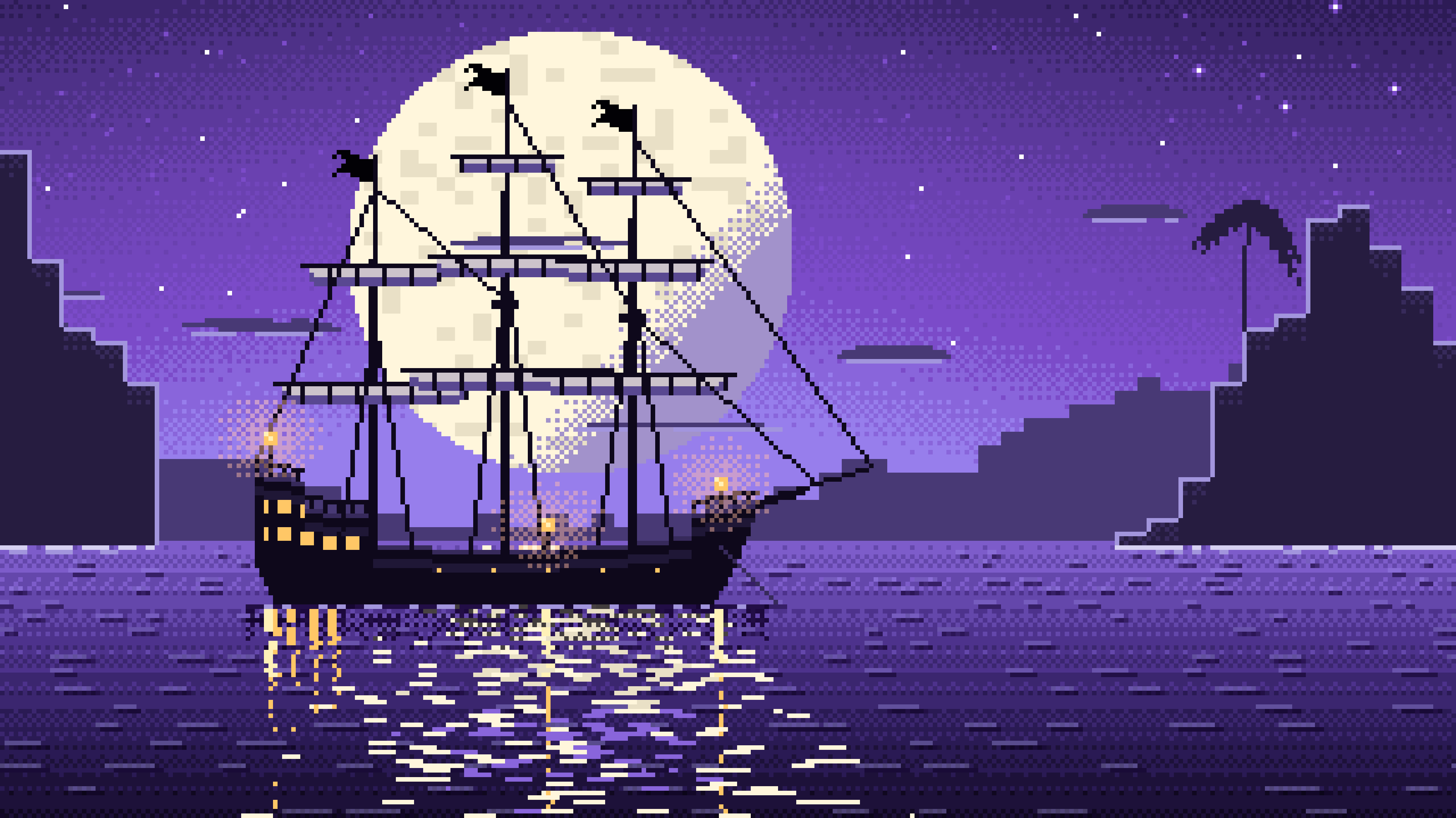 Purple Pixel Art Pirate Ship in a Moonlit Cove desktop wallpaper in 4K