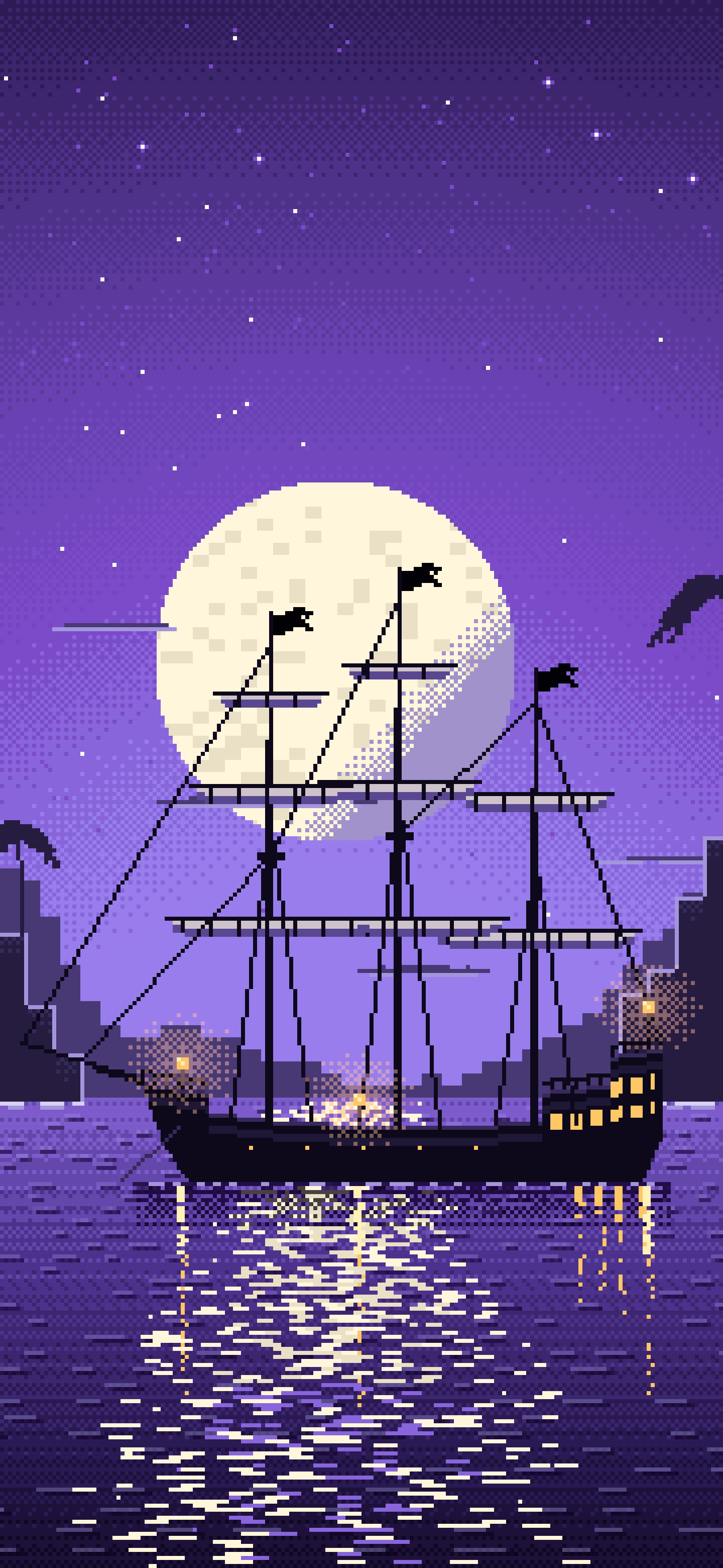 Purple Pixel Art Pirate Ship in a Moonlit Cove wallpaper for iPhone and Android
