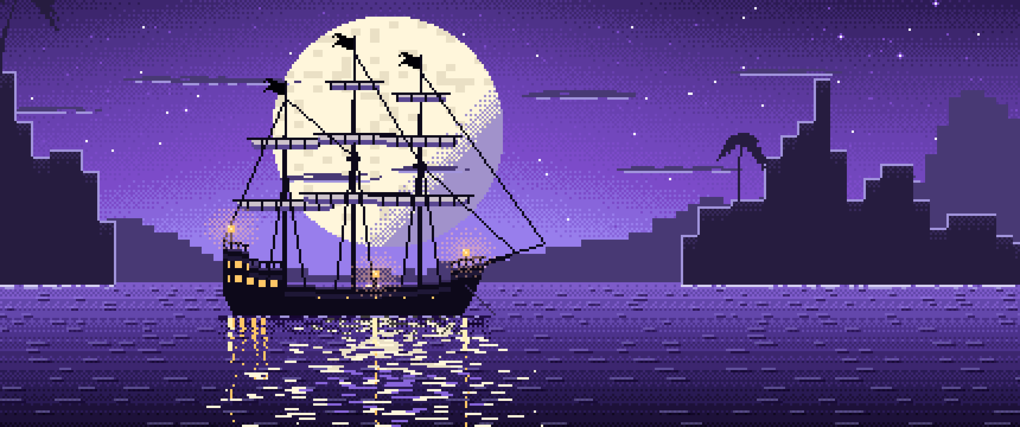 Purple Pixel Art Pirate Ship in a Moonlit Cove ultrawide wallpaper, 3440 × 1440