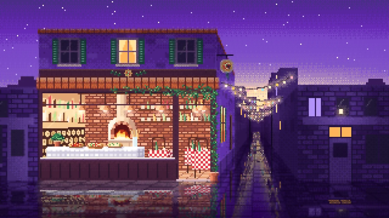 Purple Pixel Art Pizzeria desktop wallpaper in 4K