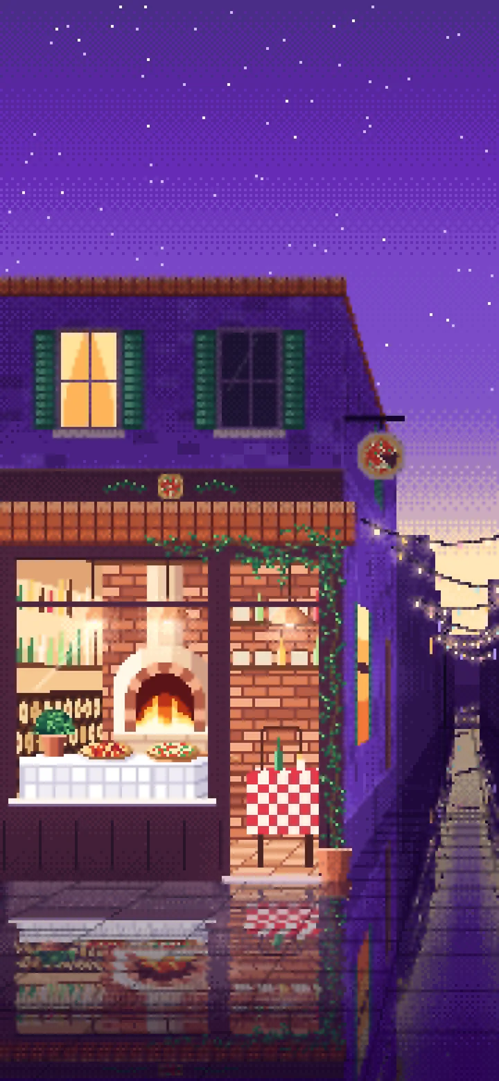 Purple Pixel Art Pizzeria wallpaper for iPhone and Android