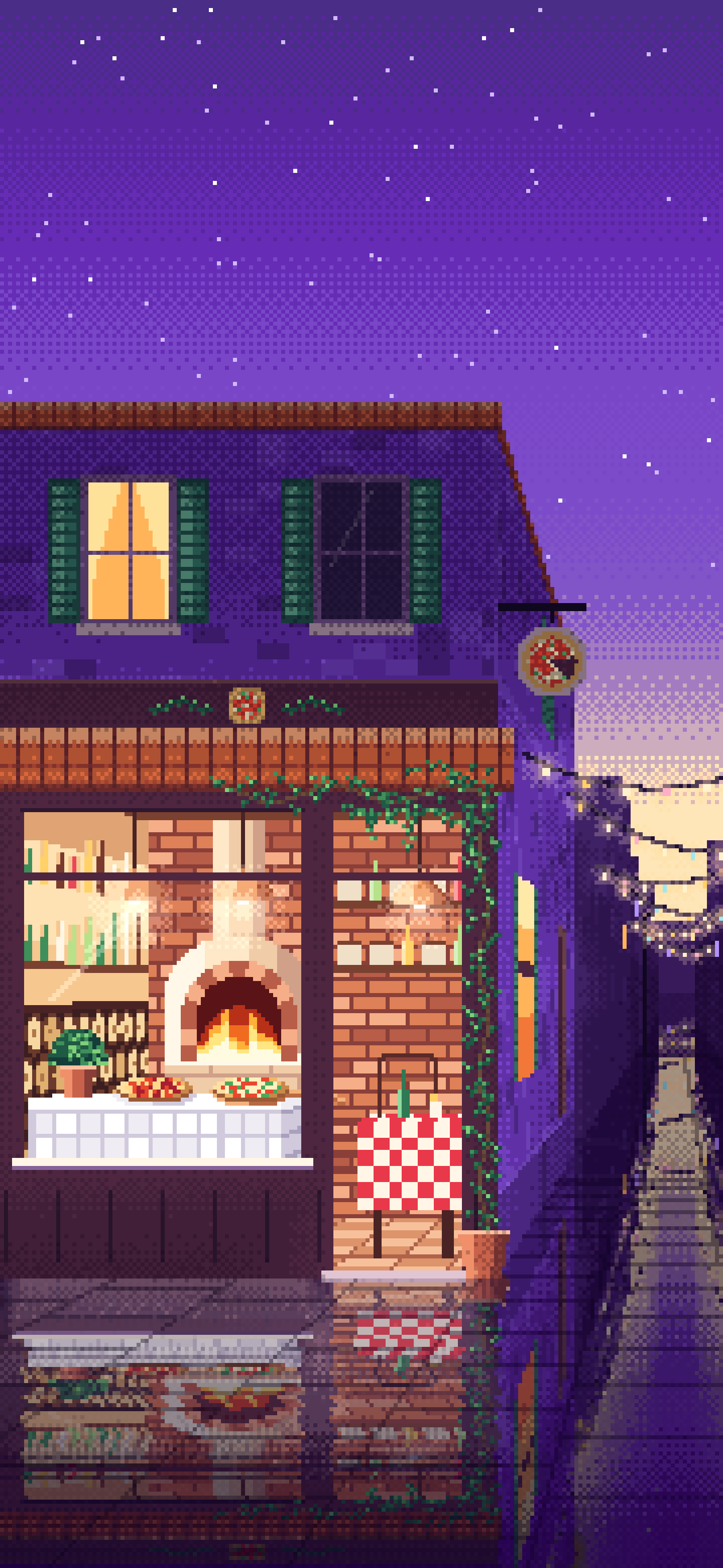 Purple Pixel Art Pizzeria wallpaper for iPhone and Android