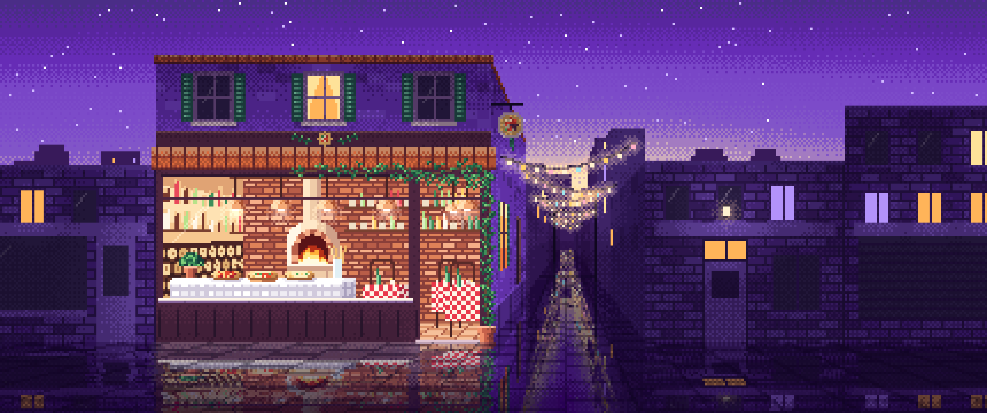 Purple Pixel Art Pizzeria ultrawide wallpaper, 3440 × 1440