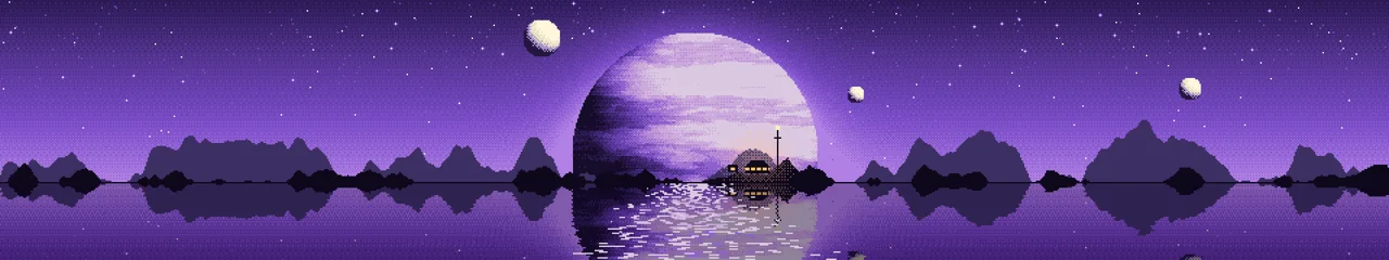 Purple Pixel Art Planet Rise triple monitor wallpaper, 7680 × 1440