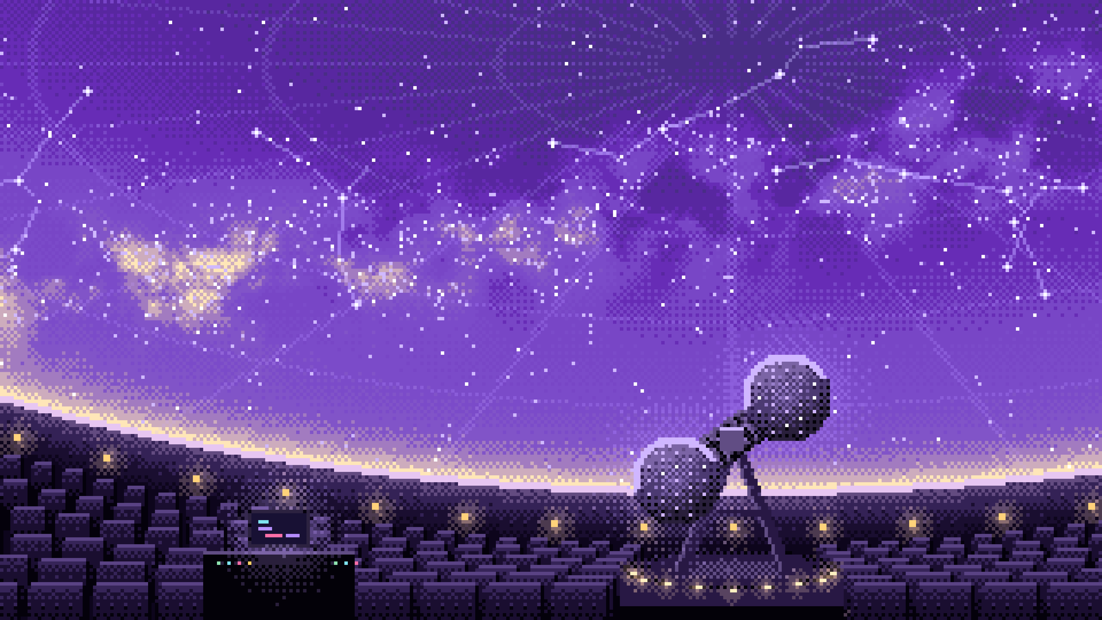 Purple Pixel Art Planetarium Dome at Night desktop wallpaper in 4K