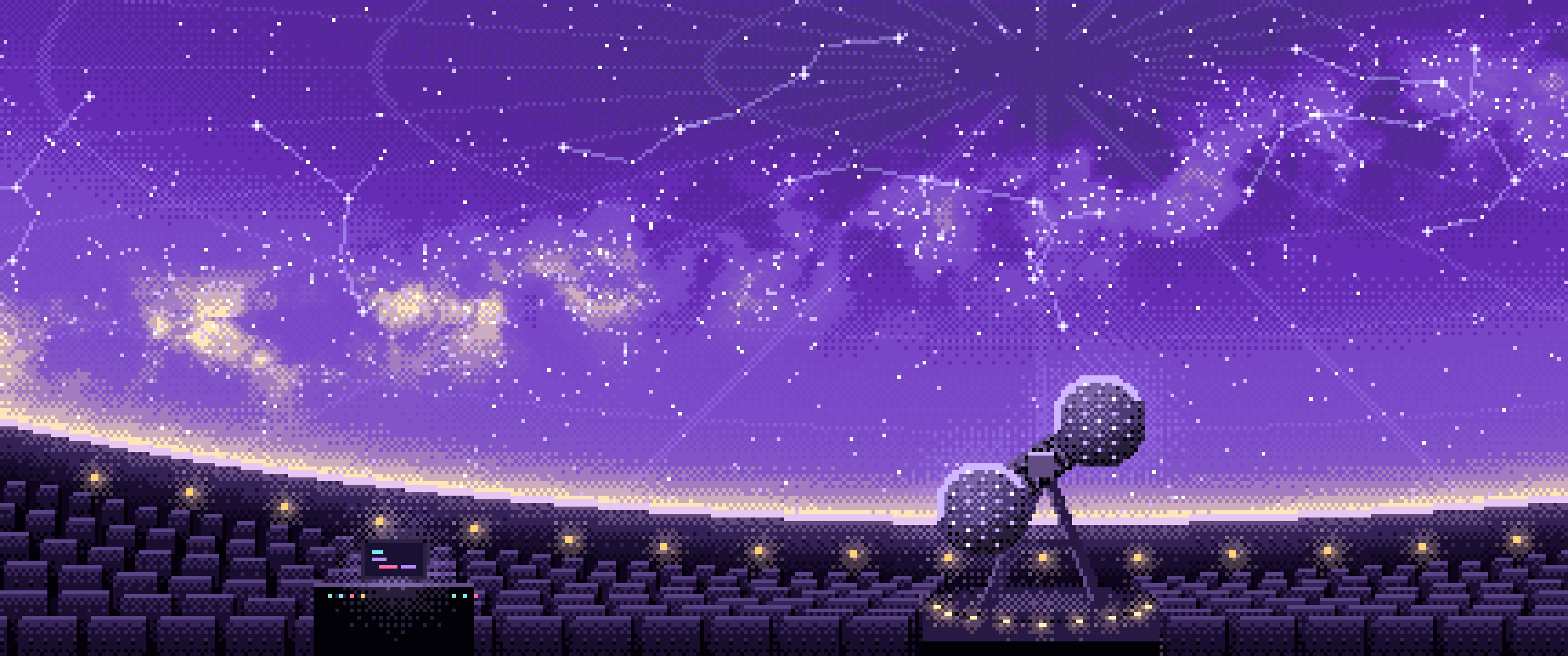 Purple Pixel Art Planetarium Dome at Night ultrawide wallpaper, 3440 × 1440