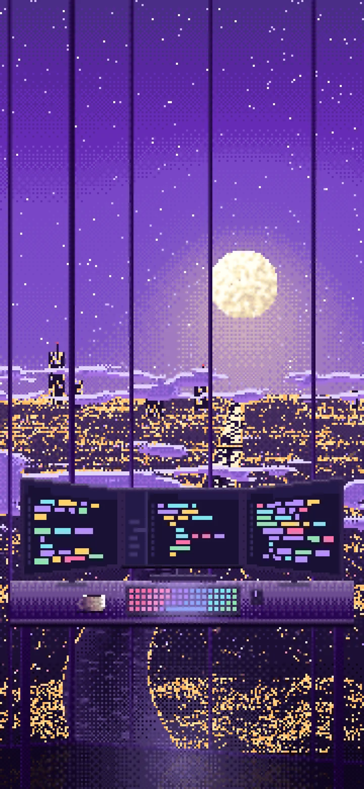 Purple Pixel Art Programming Desk Above the City at Night wallpaper for iPhone and Android