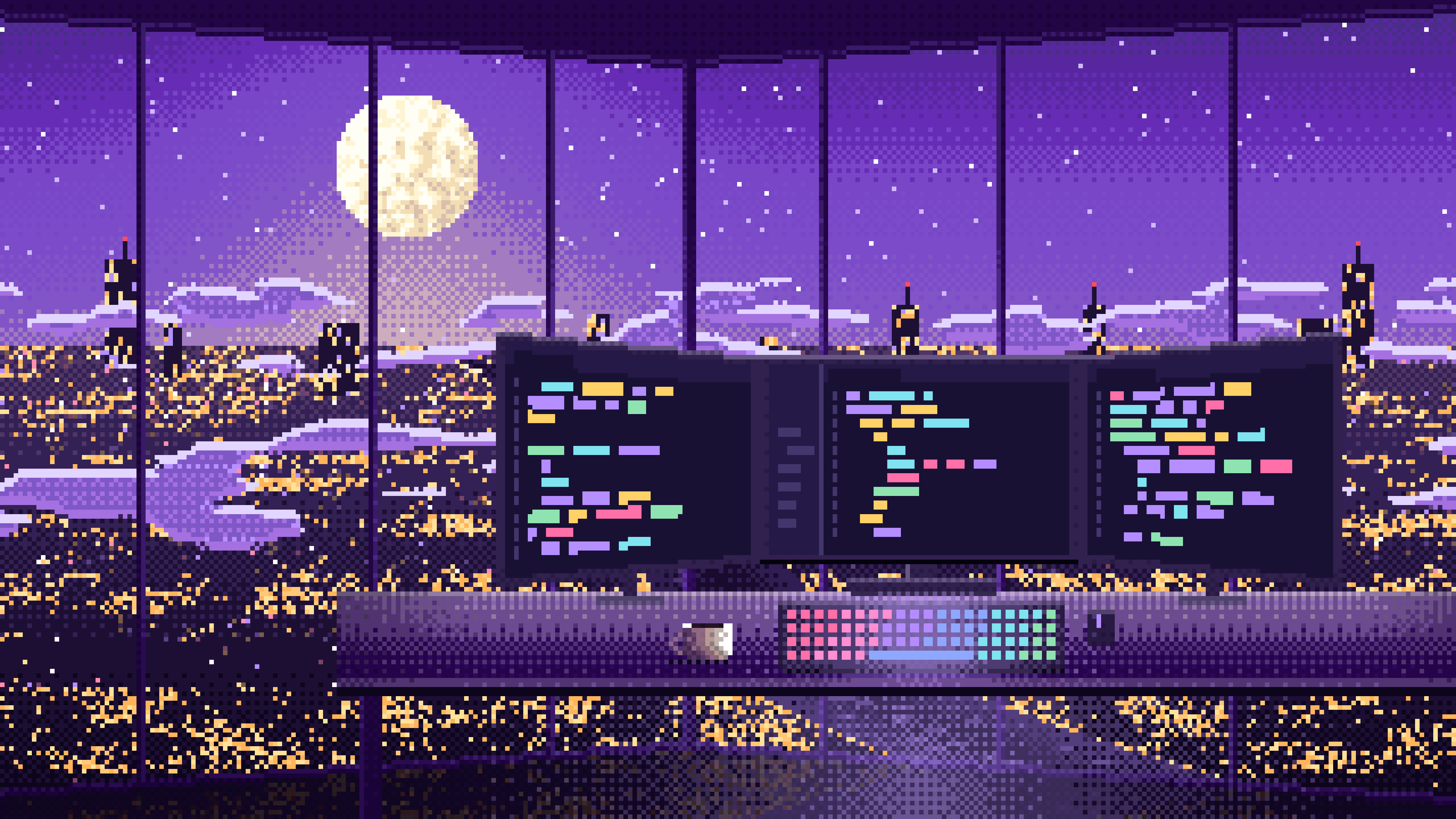 Purple Pixel Art Programming Desk Above the City at Night desktop wallpaper in 4K