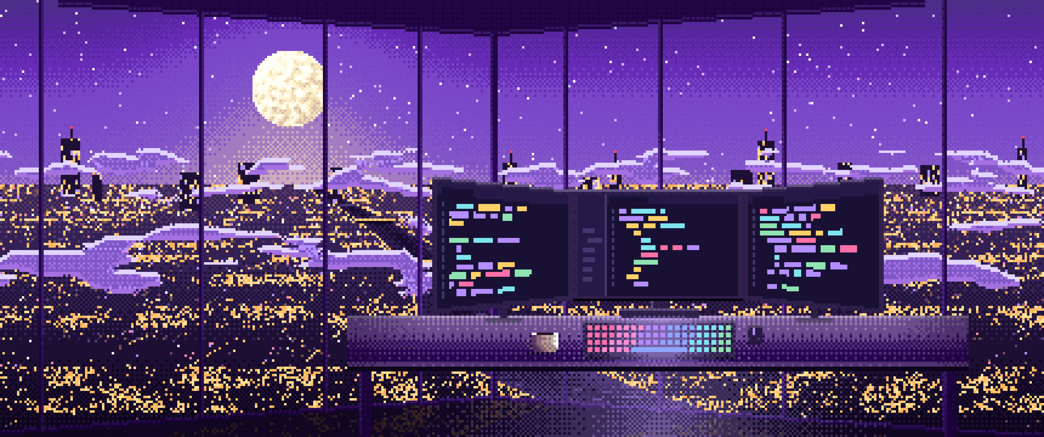 Purple Pixel Art Programming Desk Above the City at Night ultrawide wallpaper, 3440 × 1440