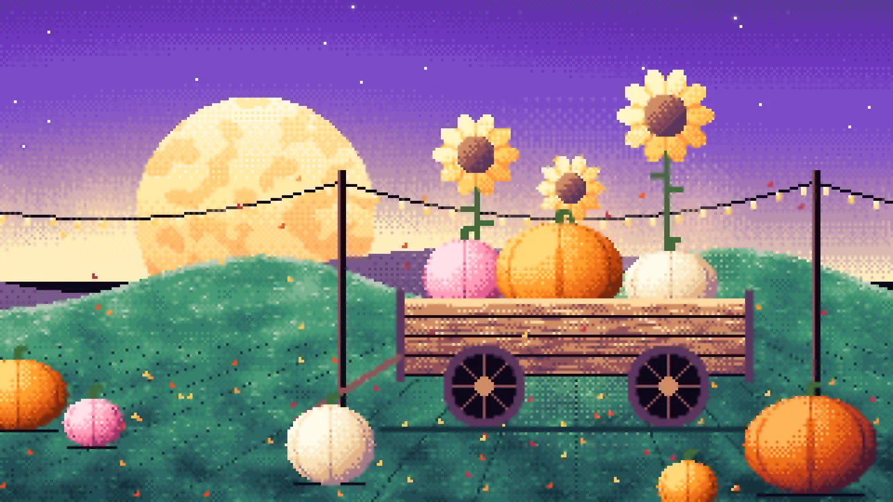Purple Pixel Art Pumpkin Cart desktop wallpaper in 4K