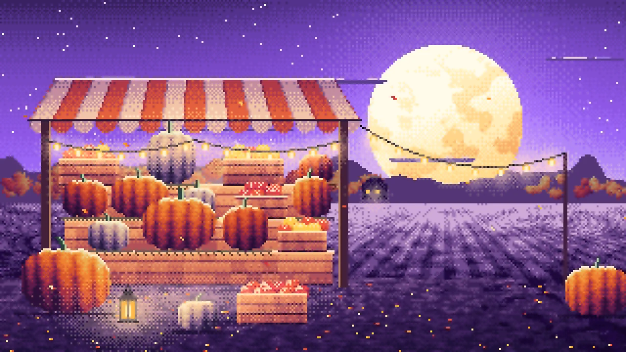 Purple Pixel Art Pumpkin Farm Stand under a Harvest Moon desktop wallpaper in 4K