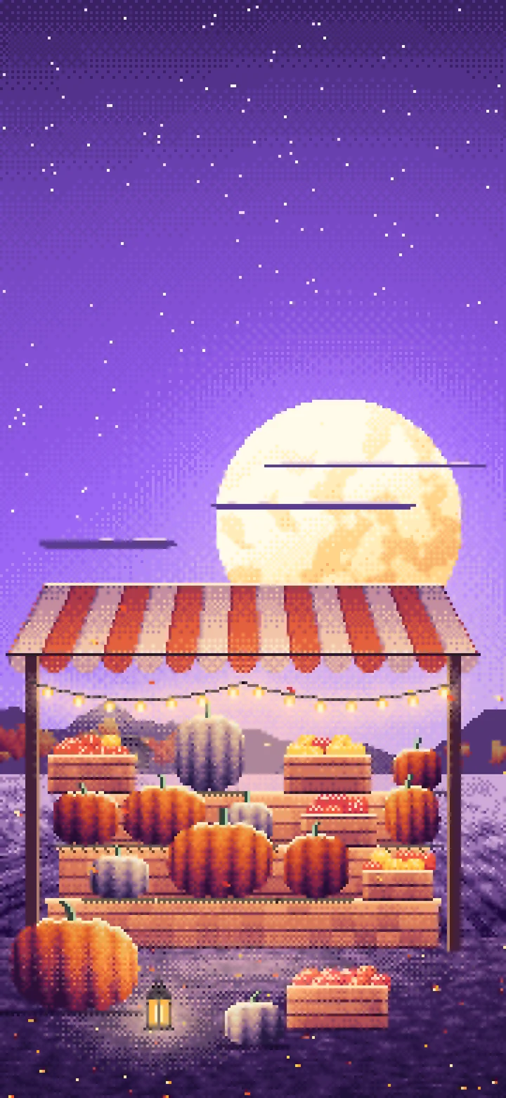 Purple Pixel Art Pumpkin Farm Stand under a Harvest Moon wallpaper for iPhone and Android