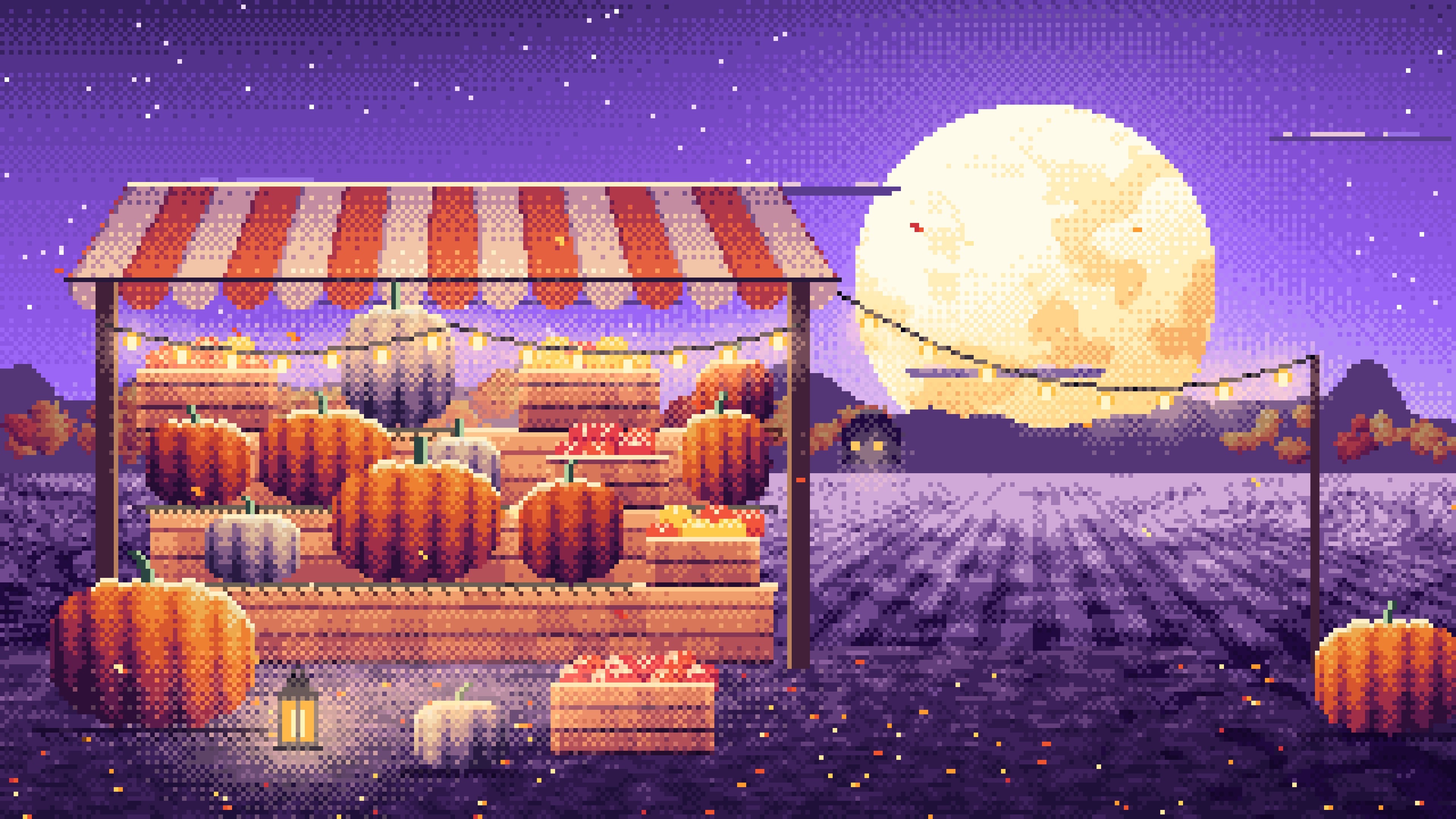 Purple Pixel Art Pumpkin Farm Stand under a Harvest Moon desktop wallpaper in 4K