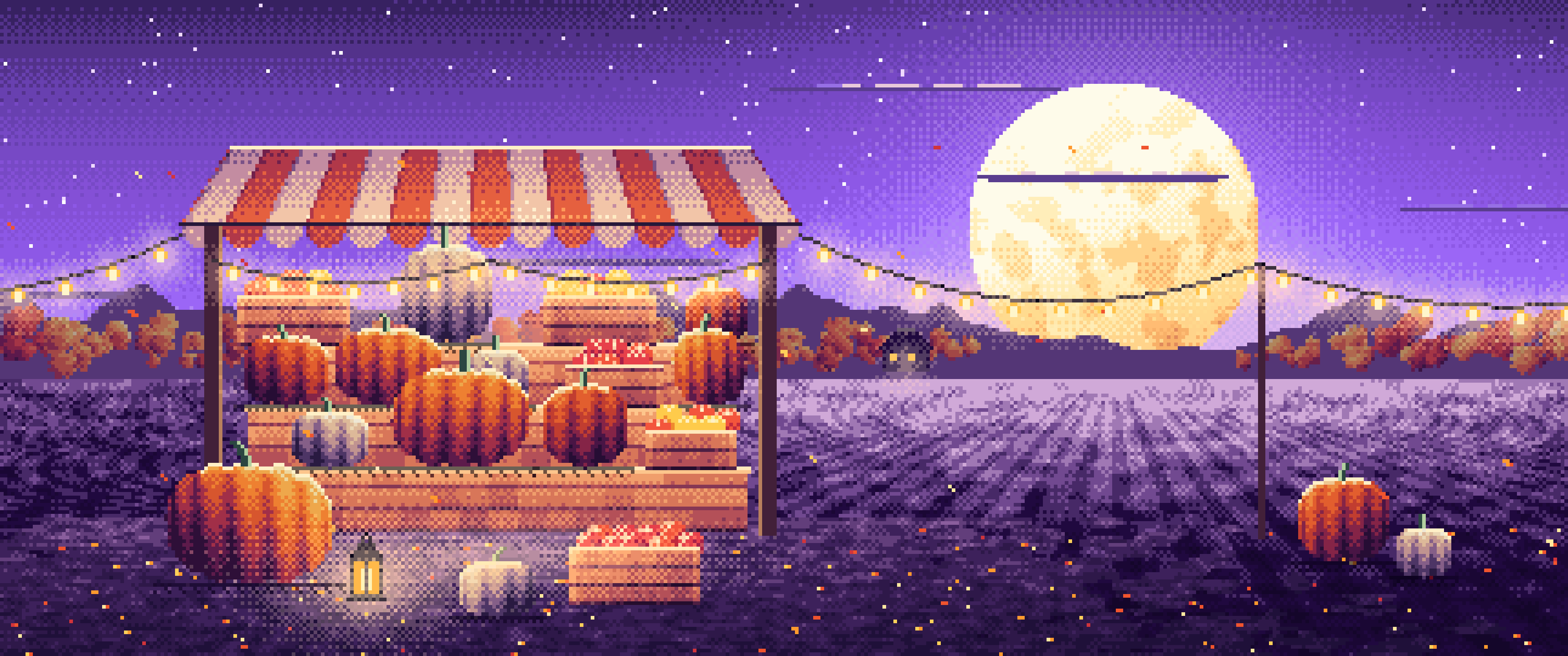 Purple Pixel Art Pumpkin Farm Stand under a Harvest Moon ultrawide wallpaper, 3440 × 1440